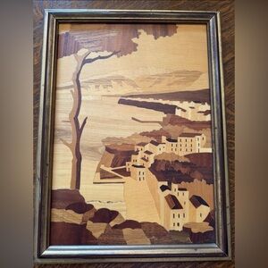 Vintage Wood Marquetry Inlay Picture Art Scenic Town Italy Coastline